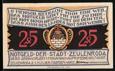 Notgeld Zeulenroda 1921, 25 Pfennig, Viadukt, Wappen