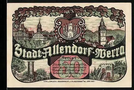 Notgeld Allendorf /Werra 1921, 50 Pfennig, Stadtbilder mit Wappen, Brunnen vor dem Tore