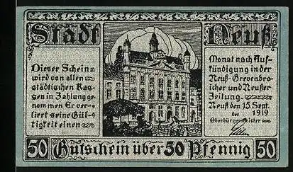 Notgeld Neuss 1919, 50 Pfennig, Rathaus, Wappen