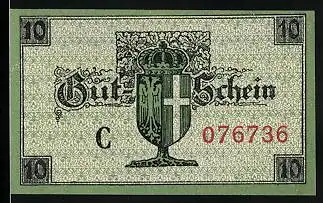 Notgeld Neuss 1919, 10 Pfennig, Wappen, Ortspartie