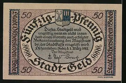 Notgeld Oschersleben (Bode) 1921, 50 Pfennig, Partie an der Bode, Wappen