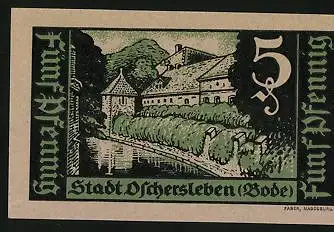 Notgeld Oschersleben (Bode) 1921, 5 Pfennig, Wappen und Ortspartie an der Bode