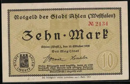 Notgeld Ahlen /Westfalen 1918, 10 Mark, Banknote mit Wappen