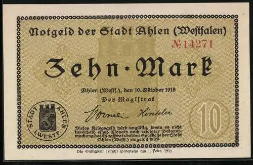 Notgeld Ahlen /Westfalen 1918, 10 Mark, Banknote mit Wappen