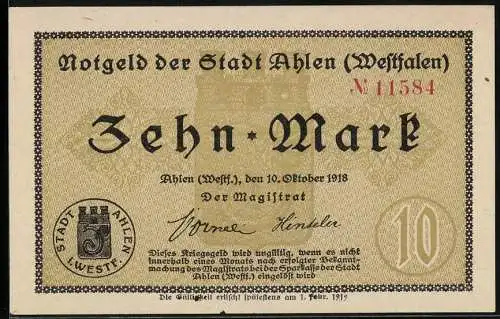 Notgeld Ahlen /Westfalen 1918, 10 Mark, Banknote mit Wappen