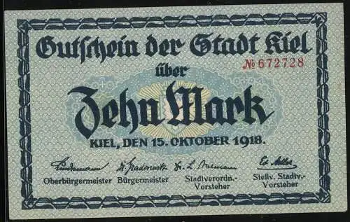 Notgeld Kiel 1918, 10 Mark, Rathaus, Wappen