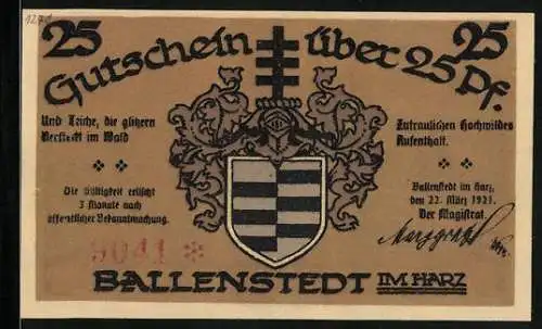 Notgeld Ballenstedt im Harz 1921, 50 Pfennig, Denkmal Albrecht des Bären, Wappen