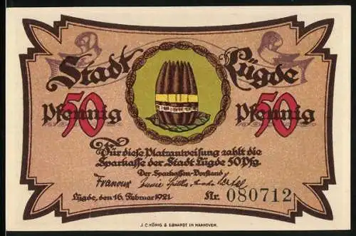 Notgeld Lügde 1921, 50 Pfennig, Ortsansicht mit der Stadtmauer