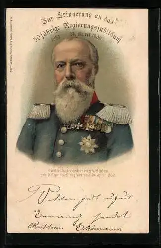 AK Portrait des Grossherzogs Friedrich von Baden zum 50jährigen Regierungsjubiläum 1902