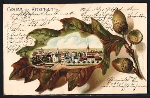 Passepartout-Lithographie Kitzingen, Panorama im Eichenblatt