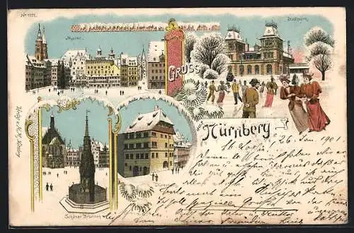 Winter-Lithographie Nürnberg, Dürerhaus, Stadtpark mit Eisläufern, Schöner Brunnen