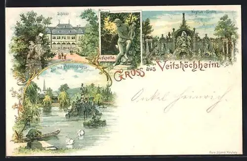 Lithographie Veitshöchheim, Schloss, Apollo-Statue, Neptun-Grotte, See mit Pegasusgruppe