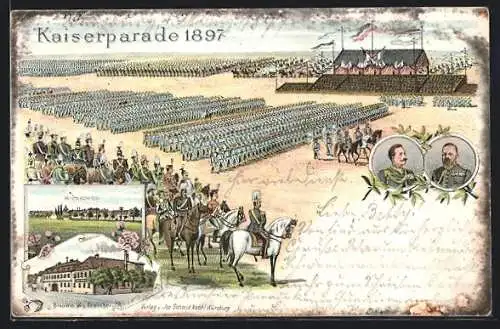 Lithographie Biebelried, Kaiserparade 1897, Ortsansicht, Porträt des Kaisers