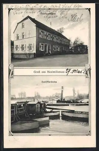 AK Maximiliansau, Restaurant zum Anker, Partie an der Schiffbrücke