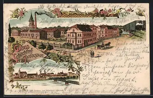 Lithographie Ingolstadt, Panoramaansicht, Schlachthof