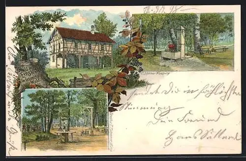 Lithographie Einsiedel im Gramschatzer Wald, Gasthaus, Brunnen, Ortspartie