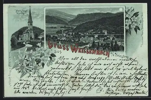 Mondschein-Lithographie Weissenbach a. d. Triesting, Herz-Jesu-Kirche, Ortsansicht aus der Vogelschau