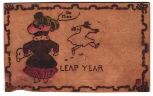 Leder-AK Leap Year, Herr läuft vor einer Dame davon