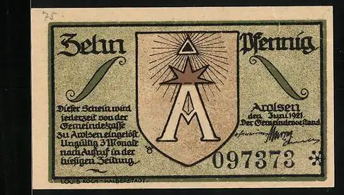 Notgeld Arolsen 1921, 10 Pfennig, Wappen, Ortsansicht