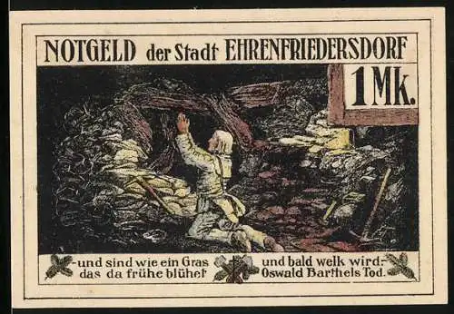 Notgeld Ehrenfriedersdorf 1921, 1 Mark, Bergmann betet unter Tage