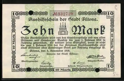 Notgeld Altona 1918, 10 Mark, Zwei Monogrammstreifen im Hintergrund