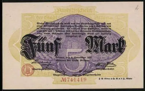 Notgeld Altona 1918, 5 Mark, Wappen im Hintergrund