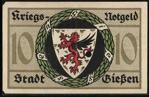Notgeld Giessen 1918, 10 Mark, Ortspartie im Kranz