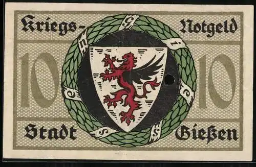 Notgeld Giessen 1918, 10 Mark, Ortspartie im Kranz und Wappen