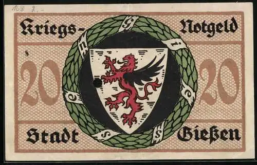 Notgeld Giessen 1918, 20 Mark, Ortsansicht gegen die Hügel