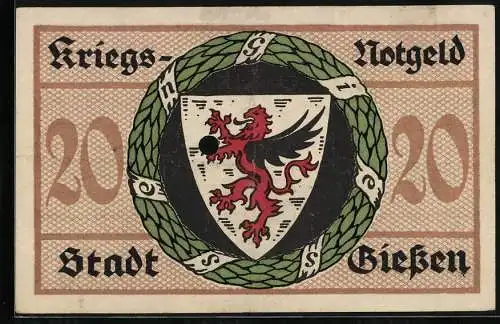Notgeld Giessen 1918, 20 Mark, Ortsansicht gegen die Hügel, Wappen im Kranz