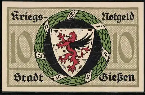 Notgeld Giessen 1918, 10 Mark, Wappen im Kranz, Ortspartie mit dem Kirchturm