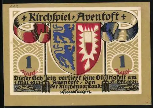 Notgeld Aventoft 1921, 1 Mark, Hof in Neu-Dänemark mit Flagge