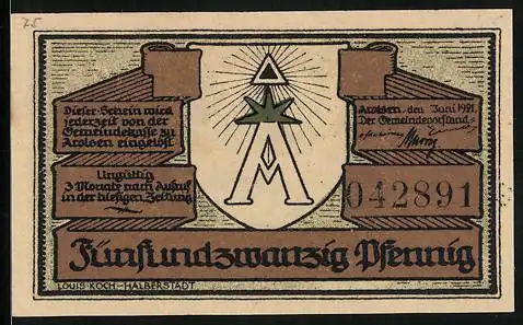 Notgeld Arolsen 1921, 25 Pfennig, Blick über den Teich aufs Schloss