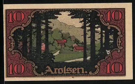 Notgeld Arolsen 1921, 10 Pfennig, Ortsansicht vom Wald aus