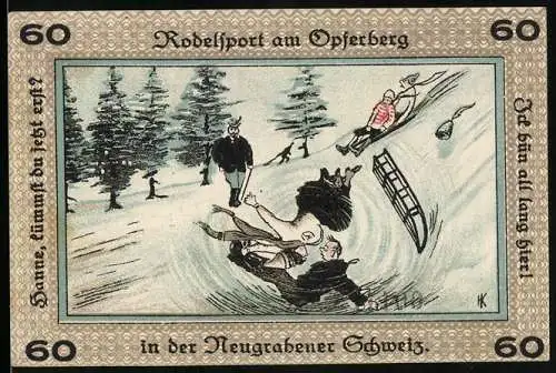 Notgeld Neugraben-Hausbruch 1921, 60 Pfennig, Rodelsport am Opferberg in der Neugrabener Schweiz