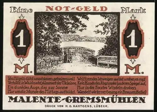 Notgeld Malente-Gremsmühlen 1920, 1 Mark, Luise Voss, Uklei-See