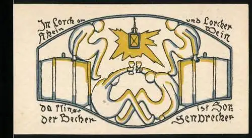 Notgeld Lorch a. Rh. 1920, 50 Pfennig, Männer trinken Lorcher Wein, Wappen