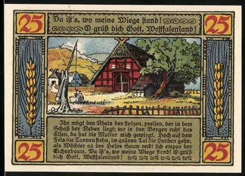 Notgeld Lübbecke i. W. 1921, 25 Pfennig, Wappen, Ähren, Bauernhaus