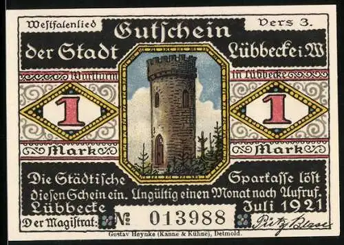 Notgeld Lübbecke i. W. 1921, 1 Mark, Turm, Spindeln, Spinnerin