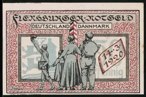 Notgeld Flensburg 1920, 50 Pfennig, Grenzpfahl Deutschland-Dänemark mit Passanten