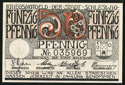 Notgeld Schleswig 1920, 50 Pfennig, Schloss Gottorf, Wappen und Präge-Siegel