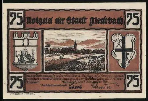 Notgeld Medebach 1921, 75 Pfennig, Gesamtansicht über Felder Eisenbahn