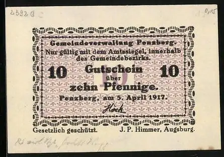 Notgeld Penzberg 1917, 10 Pfennig, gedruckt von J. P. Himmer, Augsburg