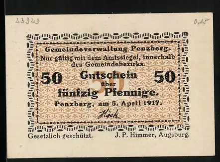 Notgeld Penzberg 1917, 50 Pfennig, gedruckt von J. P. Himmer, Augsburg