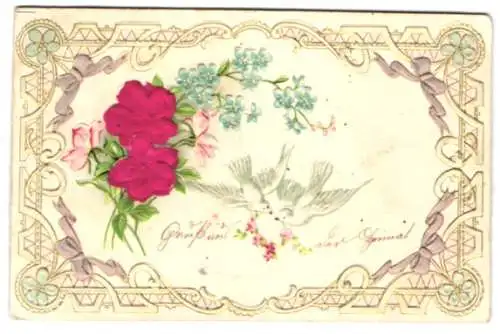 Stoff-Präge-AK Grusskarte zum Namenstag mit Turteltauben, Vergissmeinnicht und rosa Blüten aus echtem Stoff