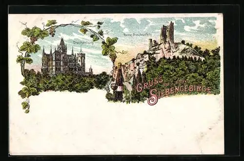 Lithographie Drachenburg und Ruine Drachenfels im Siebengebirge