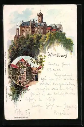 Lithographie Eisenach, Ansicht der Wartburg, Strassenpartie mit verziertem Erker