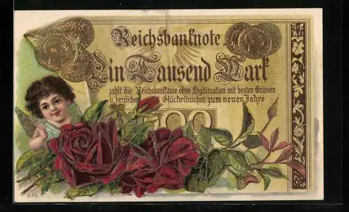 AK Engel und Rosen vor einer Reichsbanknote