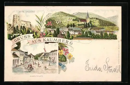 Lithographie Kaumberg, Ruine Araburg, Marktplatz, Ortsansicht