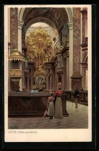 Künstler-Lithographie Paul Hey: Wien, Innenansicht Karlskirche